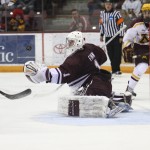 Featured Image:Colgate goaltender Charlie Finn watches a Minnesota shot in the third period at Mariucci Arena on Friday, January 4, 2014, in the Raiders' 3-2 shootout win over the Gophers at the Mariucci Classic.(COPYRIGHT: Ryan Coleman, d3photography.com)