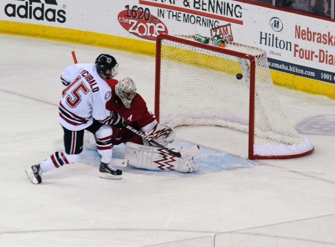 Archibald watches his penalty shot elude Cornell goaltender Andy Iles on Oct. 25, 2013. (MHM Photo/Jordan Doffing)