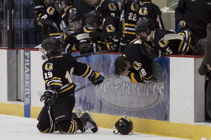  Warroad players respond after East Grand Forks goal in double overtime (Photo / Bruce Brierley, East Grand Forks Exponent)