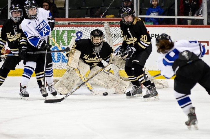 Minnetonka peppered Andover goaltender Cassidy Stumo all night while limiting the Huskies to just four shots on goal in Thursday's win. (MHM Photo / Tim Kolehmainen)