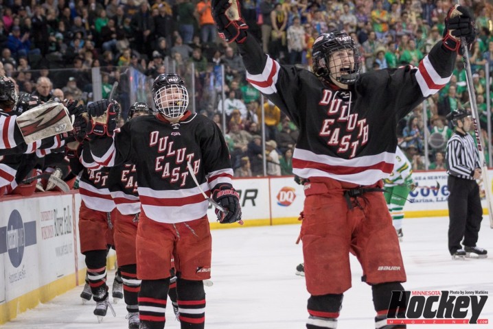 Duluth East players celebrate a goal in their shocking win over No. 2 Edina in their state semifinal clash on Friday, March 6 at Xcel Energy Center. (MHM Photo / Jonathan Watkins)
